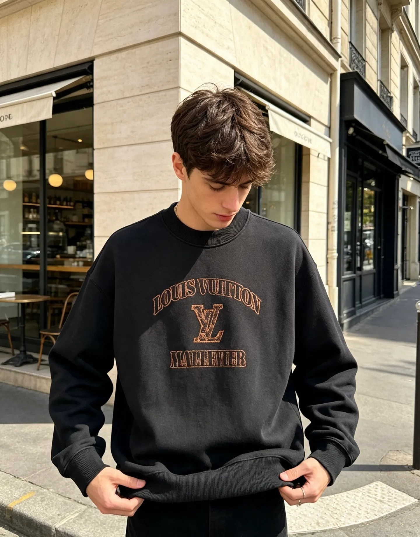Louis Vuitton/Louis Vuitton leather label letter embroidered crew neck sweatshirt